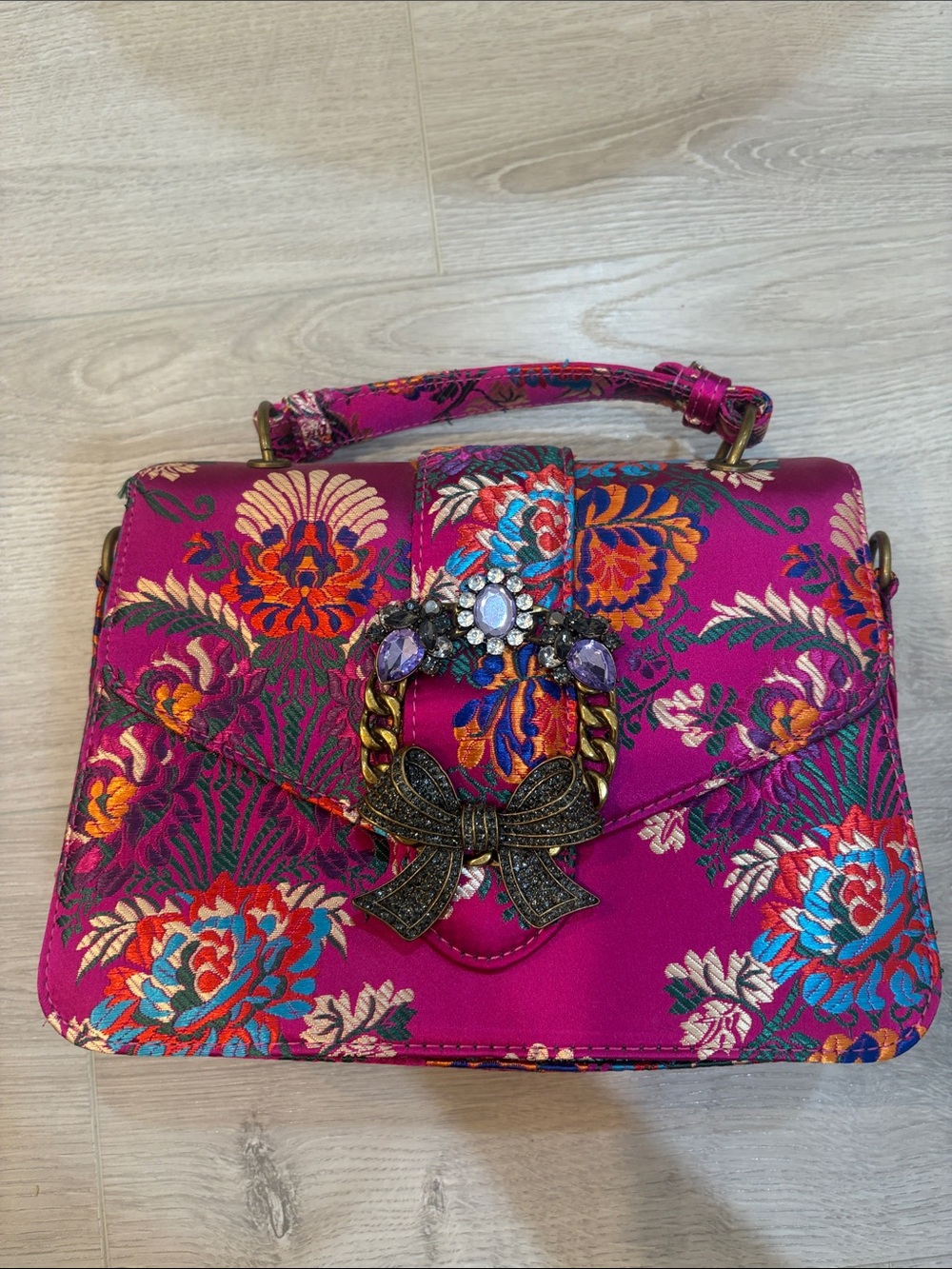 Aldo Fuchsia Floral Embroidered Top-Handle Satchel with Jeweled Bow